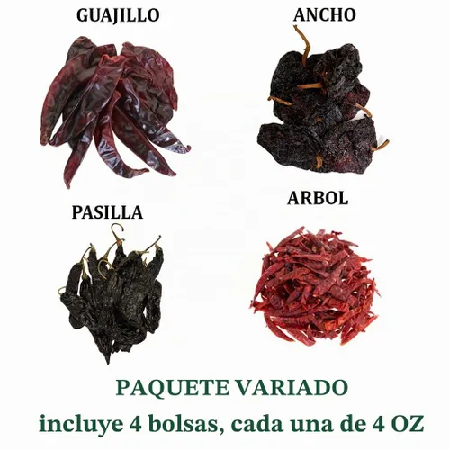 Vista 2 de Paquete de 4 chiles secos Guajillo Ancho Pasilla Arbol