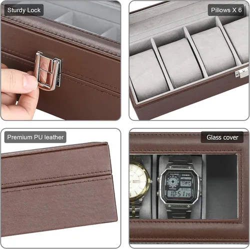 Vista 5 de ProCase Caja de reloj con 6 ranuras para hombre, organizador de relojes de piel sintética, cajas de almacenamiento con tapa de cristal de cristal