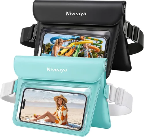 Vista 12 de Niveaya Paquete de 2 riñoneras impermeables para mujeres y hombres, IPX8, bolsa impermeable para cinturón seco para playa, kayak, natación, pantalla