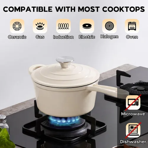 Vista 7 de Onader Sartén de hierro fundido esmaltado, cacerola pequeña de 1 cuarto de galón con tapa, olla de hierro fundido, horno holandés esmaltado, Blanco
