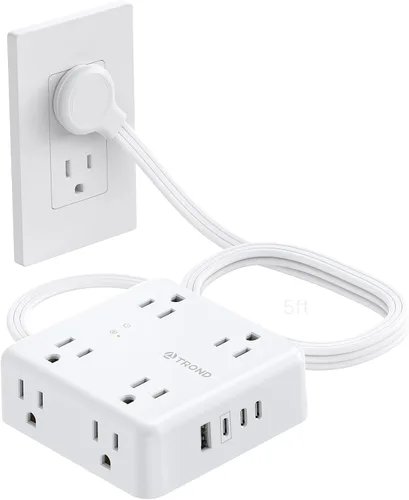 Vista 10 de TROND Regleta protectora de sobretensiones, cable de extensión de enchufe plano de 5 pies con 8 tomas de corriente y 4 puertos USB (3 USB C), 1625
