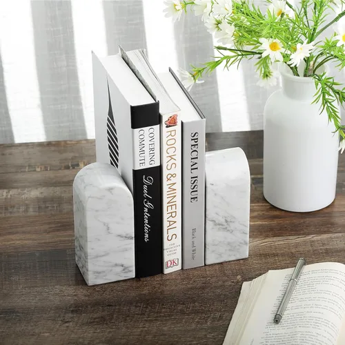 Vista 5 de Koville Sujetalibros de mármol italiano de Carrara para estantes, extremos decorativos para libros, 7 libras, soporte de libros de mármol Bianco