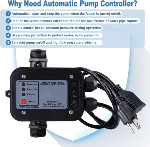 Vista 2 de Controlador inteligente de presión de bomba de agua, interruptor electrónico automático, rango de presión ajustable de 1.5-2.5 bar, fácil