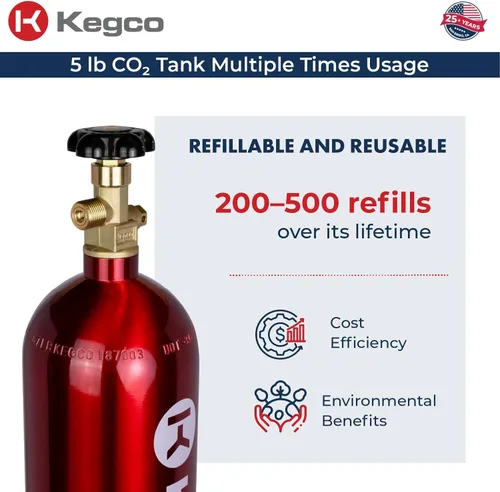 Vista 5 de Kegco 3PB5-RED 5 lb. Tanque de aluminio de Co2 con acabado epoxi rojo eléctrico