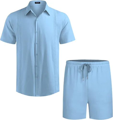 Vista 4 de COOFANDY Conjunto de 2 piezas de lino para hombre, camisa con botones y pantalones cortos