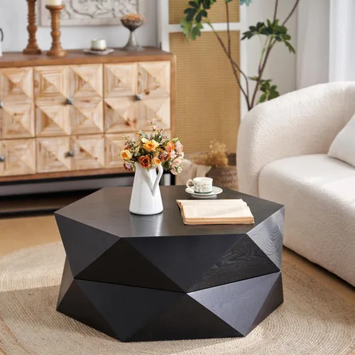 Vista 7 de Mesa de centro de almacenamiento de 36.61 pulgadas, moderna mesa de centro de madera rústica con chapa de madera maciza, mesa de té grande y única