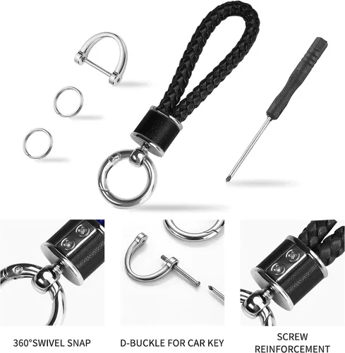 Vista 4 de Tukellen Llavero de tejido de cuero para automóvil, llavero de regalo para mujer, con anillo en D giratorio de 360 grados y destornillador