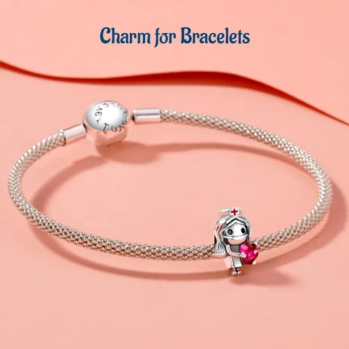 Vista 5 de 925 Sterling Silver Charms Nurse, Pink Ribbon, Dancing girl, Feather Pendant Gifts For Bracelet Necklace