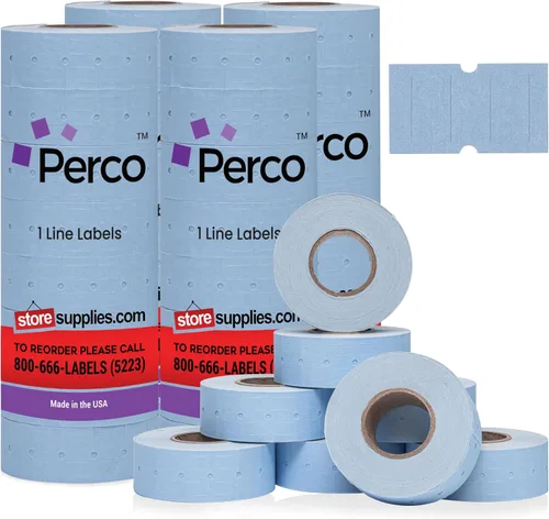 Vista 15 de Etiquetas azules Perco de 1 línea - 8 rollos, 1 funda, 8,000 etiquetas en blanco para pistolas de precio y fecha de 1 línea Perco - Fabricadas