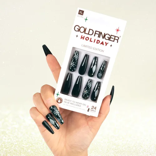 Vista 9 de Gold Finger 24 piezas de uñas postizas festivas – Uñas falsas de ataúd cuadrado, ovaladas, con punta francesa de Navidad, larga duración