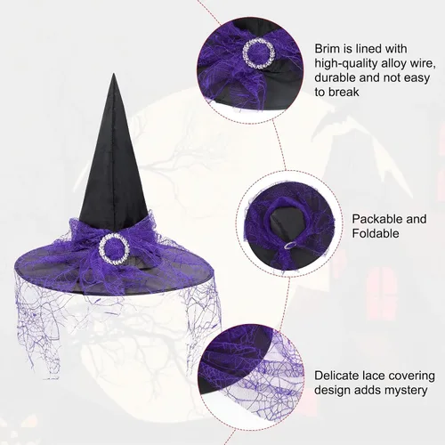 Vista 38 de Zando Sombreros de bruja de encaje para mujer, accesorios de disfraz de Halloween, accesorios de disfraz de bruja plegables para colgar