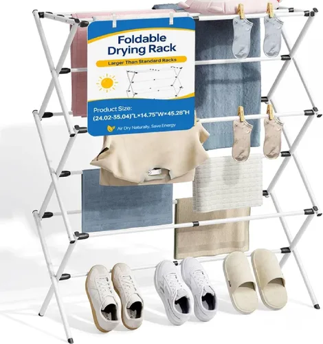 Vista 9 de APEXCHASER Estante de secado de ropa plegable de 3 niveles, estante de lavandería extensible de metal, 45.28 pulgadas de altura, ancho ajustable