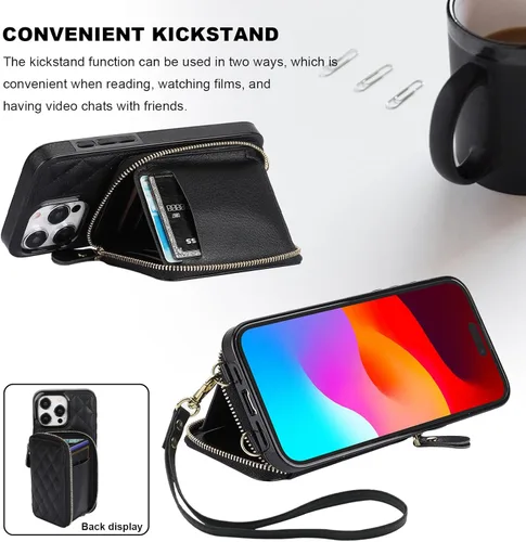 Vista 6 de Bocasal Funda tipo cartera cruzada para iPhone 15 Pro Max, con bloqueo RFID, de piel sintética, con cremallera, funda tipo cartera con función atril