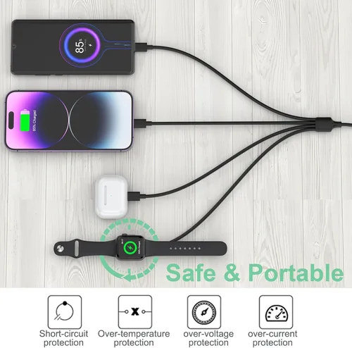 Vista 4 de Cargador de viaje 6 en 1 USB A+USB C SmartWatch, cable de carga universal múltiple Lightning*2+adaptador de cable tipo C Combo para iWatch Series