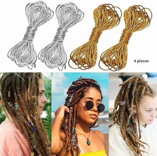 Vista 2 de 4 piezas de cordones elásticos de 16.4 ft, trenzas de rastas, accesorios para el cabello, cinta elástica de oropel metálico, hilo de joyería