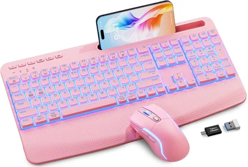 Vista 11 de SABLUTE KM25Pro - Combo de teclado inalámbrico y mouse, teclado ergonómico retroiluminado recargable con batería de 4000 mAh, reposamuñecas