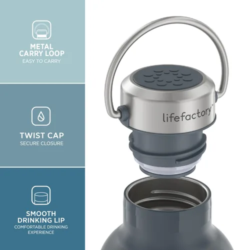Vista 2 de Lifefactory Botella deportiva aislada al vacío de acero inoxidable de 24 onzas, carbono