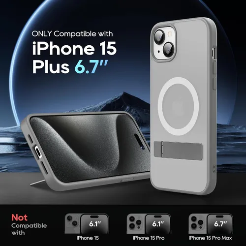 Vista 2 de Funda magnética para iPhone 15 Plus con soporte, soporte delgado con protector de pantalla compatible con MagSafe a prueba de golpes, translúcidas