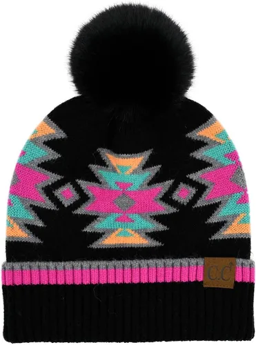 Vista 3 de Funky Junque Gorro para mujer, de piel sintética, con pompón, gorro de invierno de punto, cálido, suave, grueso, acanalado, gorro de calavera