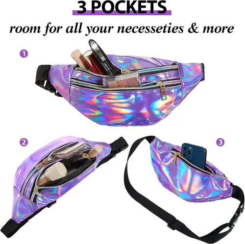 Vista 4 de Riñonera holográfica de 3 piezas para mujeres, hombres y niños, cintura deportiva de color metálico con bolsas y cinturón ajustable, paquete