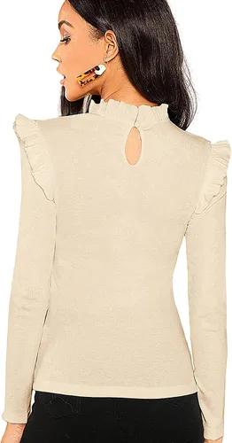 Vista 2 de Romwe - Blusa con abertura en la espalda, color liso, hombros con volantes, corte ajustado y cuello alto para mujeres