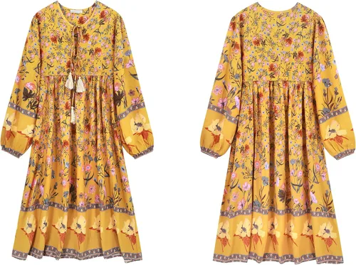Vista 6 de R.Vivimos - Vestidos por debajo de la rodilla, de manga larga, con estampado floral, de estilo retro y bohemio, con cuello en V y borlas para mujer
