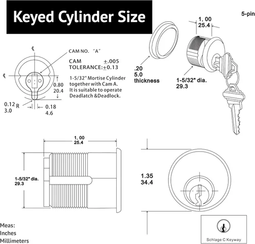 Vista 6 de elox Cilindro con llave de zinc y 1 cilindro de perilla para Adams Rite Commercial Storefront Door Lock a Pair Pack DU