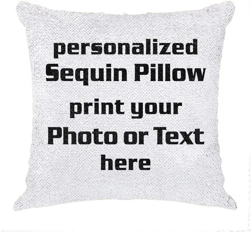 Vista 3 de Funda de almohada con lentejuelas para fotos/texto, imagen oculta, regalo personalizado único para amigos, familia, mascotas, lentejuelas negras