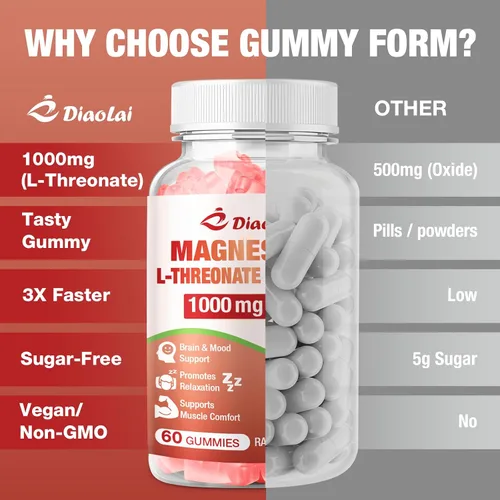 Vista 5 de Gomitas de magnesio L-treonato de 1000 mg - Suplemento cerebral para memoria y concentración para adultos y niños - Sin azúcar, sin OMG, sabor a