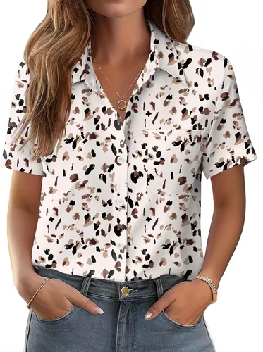 Vista 9 de Zeagoo Blusa de manga corta con botones para mujer, con bolsillo en el busto, para negocios, casual, para el trabajo, trajes de verano