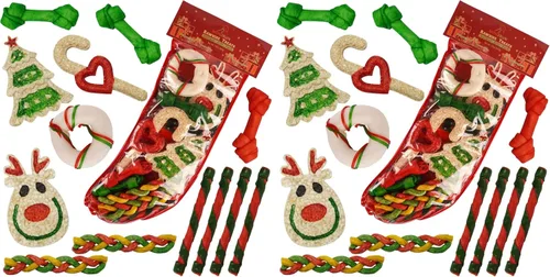 Vista 10 de Calcetín navideño con golosinas de cuero crudo para perros MON2SUN para perros pequeños a medianos (13 unidades)