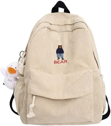 Vista 6 de YUESUO Mochila grande de pana Kawaii con bonito colgante de oso vintage para niña, estudiante, mochila escolar, Beige, Classic