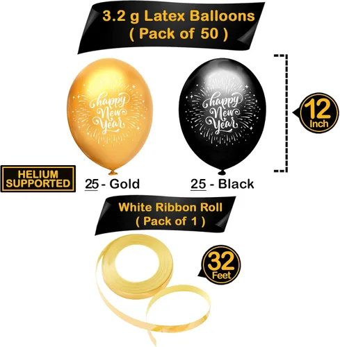 Vista 3 de KatchOn, Globos negros y dorados de Año Nuevo 2026 – Paquete de 50 Globos de látex de Feliz Año Nuevo Globo de látex dorado y negro