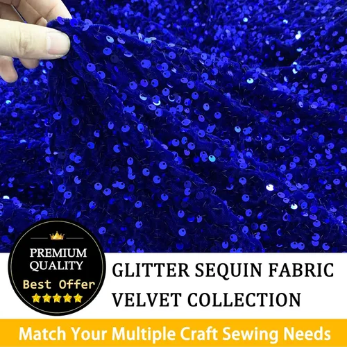 Vista 4 de The Yard - Tela de lentejuelas azules de 1 yarda, tela elástica de lentejuelas, tela de tapicería azul real brillante para coser, tela de punto