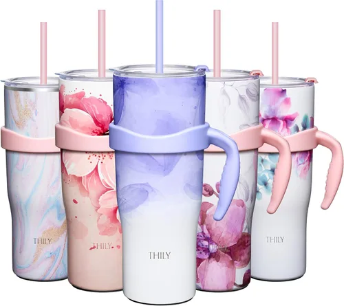 Vista 5 de THILY Vaso de 40 onzas de acero inoxidable con asa - Taza de viaje con aislamiento al vacío, tapa a prueba de salpicaduras y a prueba de fugas, 2