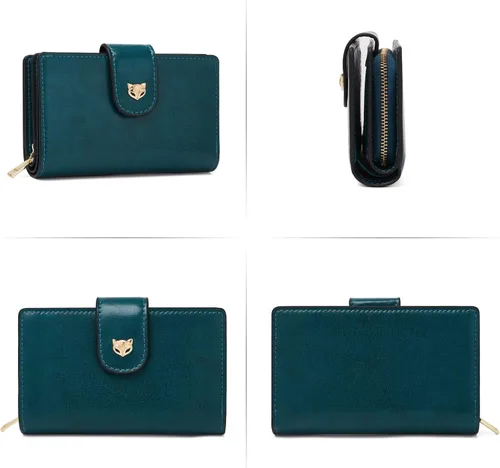 Vista 3 de FOXLOVER Carteras plegables para mujer, bloqueo RFID, embalaje de regalo, monederos de mano con cremallera, Azul-A, Moda