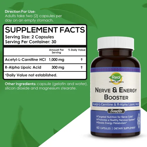 Vista 2 de Suplemento ALA - Ácido R-alfa lipoico 300 mg y acetil L-carnitina 1000 mg - Potenciador de nervios y energía para nervios, función cardiovascular