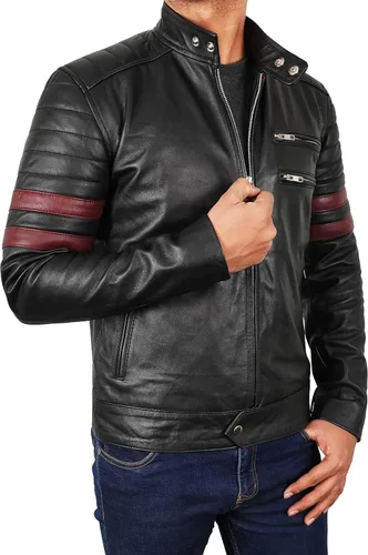 Vista 2 de Men's Fight Motorcycle Pitt Red Stripes Tyler Durden Black Leather Jacket-Cafe Racer Jacket