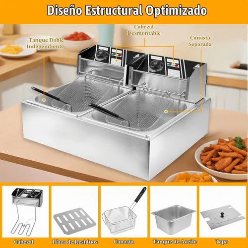 Vista 4 de Freidora eléctrica comercial, freidora de acero inoxidable de doble tanque de 12 litros con 2 cestas y tapas, freidora de restaurante de 5000 W