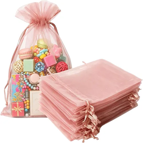 Vista 31 de Bolsas de regalo de organza de 4 x 6 pulgadas con cordón para joyas, dulces, paquetes de 50 bolsas de té de tela transparente azul aguamarina