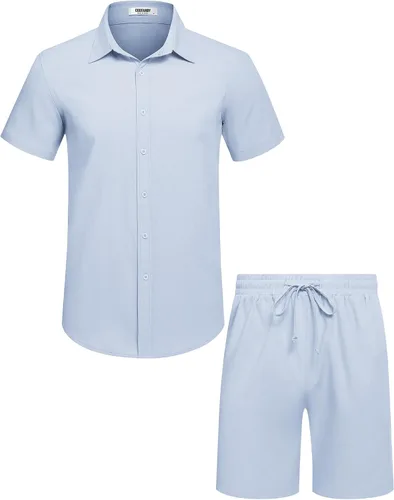 Vista 4 de COOFANDY Conjunto de 2 piezas de algodón y lino para hombre, camisas de manga corta con botones, pantalones cortos de playa de verano, trajes