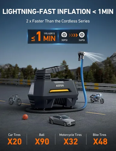 Vista 2 de AstroAI - Inflador de neumáticos - Compresor de aire portátil para neumáticos de auto - Bomba automática de 12 V CC con manómetro digital, con luz