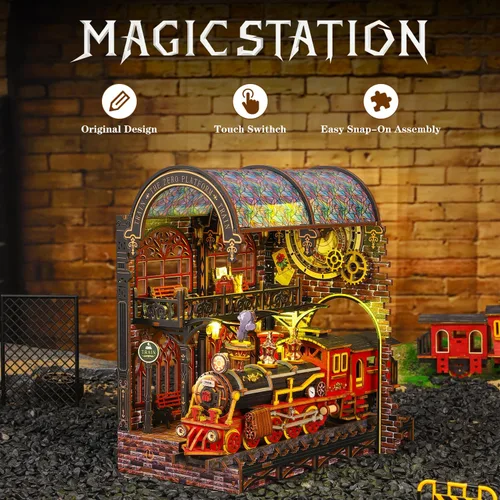Vista 12 de Kit de rincón de libro, kit de casa en miniatura para adultos, rompecabezas LED 3D estación mágica, kit de rincón de libros, fabricado en madera