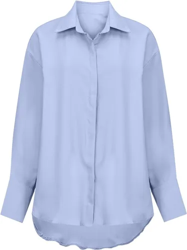 Vista 5 de Blusas de manga larga de otoño para mujer 2022, a la moda, casual, con cuello abotonado, unicolor, con dobladillo irregular