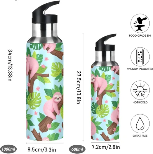 Vista 2 de Insulated Water Bottle 32 Oz, Leakproof Water Bottles for Gym Outdoor Travel School, Cute Pink Sloths Green Leaves