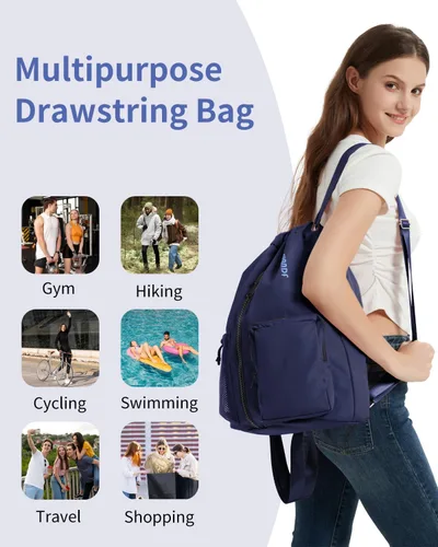 Vista 8 de WANDF Mochila deportiva con cordón y compartimento para zapatos, resistente al agua, bolsa de natación para mujeres y hombres, Azul marino, Mediana