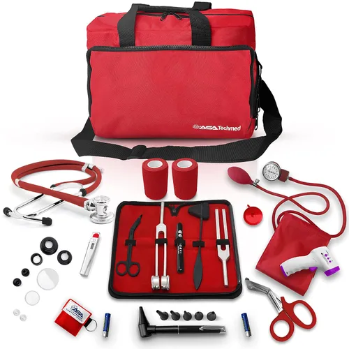 Vista 9 de ASA TECHMED Kit básico de enfermería para el trabajo, estetoscopio, monitor de presión arterial, otoscopio, diapasones y más. Kit médico de 18 Negro