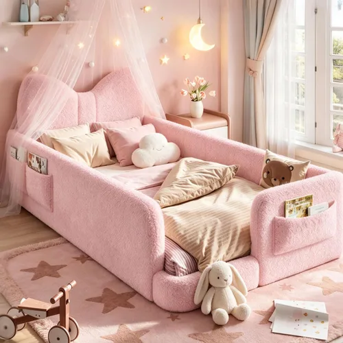 Vista 25 de Cama de suelo tapizada de tamaño matrimonial con valla y bolsillos, cama de Cama de suelo tapizada de tamaño matrimonial con listones y cabecero