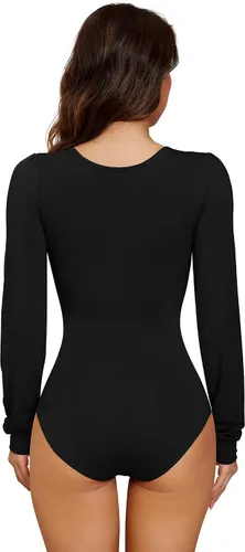 Vista 2 de TQD Body de manga larga para mujer, cuello redondo, manga abombada, blusa Henley para mujer