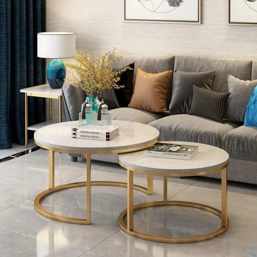 Vista 2 de Mesa Nesting Coffee Table Set of 2 Modern Round Marble Center Table den Metal Nesting Side Tables for Living Room Bedroom Small Spaces Centro